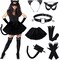 7 Pcs Halloween Black Cat Costume Accessories for Women with Halloween Cat Mask Neck Choker Cat Paw Gloves Headband Cat Tail Black Yarn Skirt Stockings for Halloween Cosplay Dress up Party